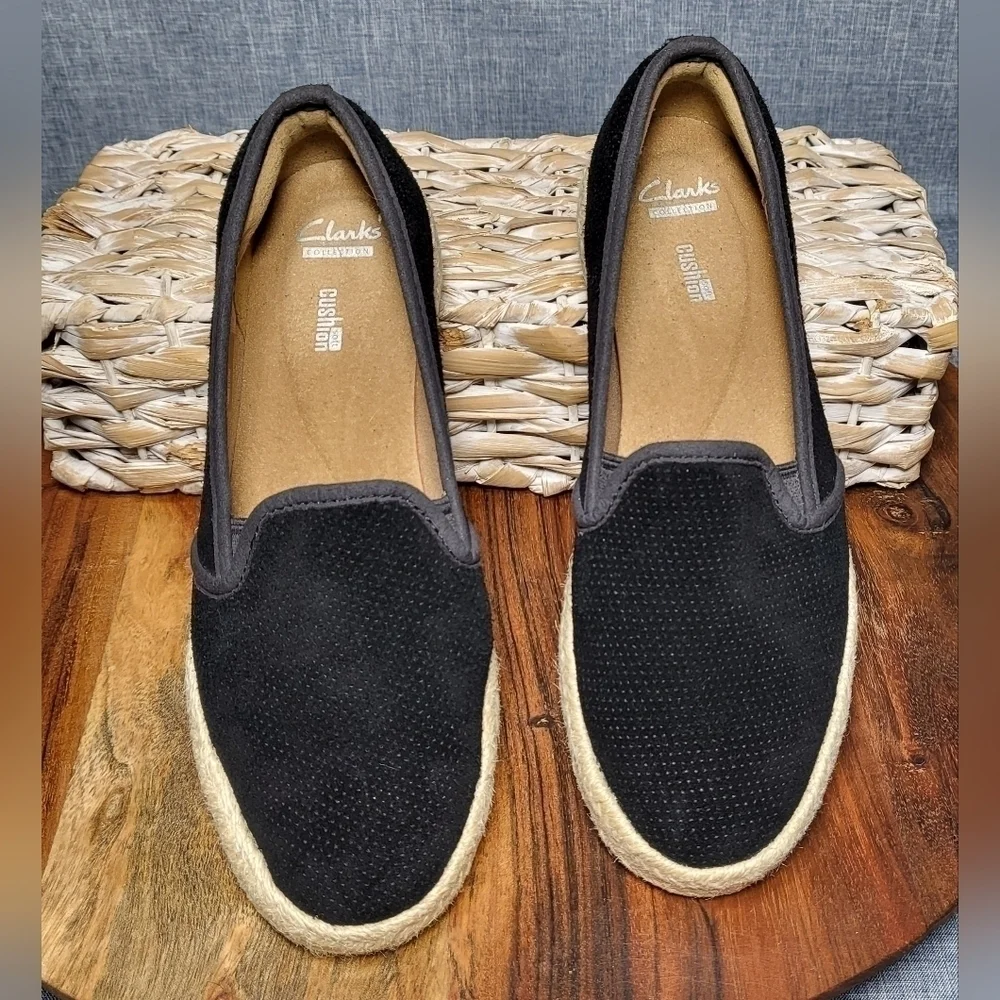 Espadrille Slip-On Breathable Suede Cushion Clark's Azella Black Women's 7.5